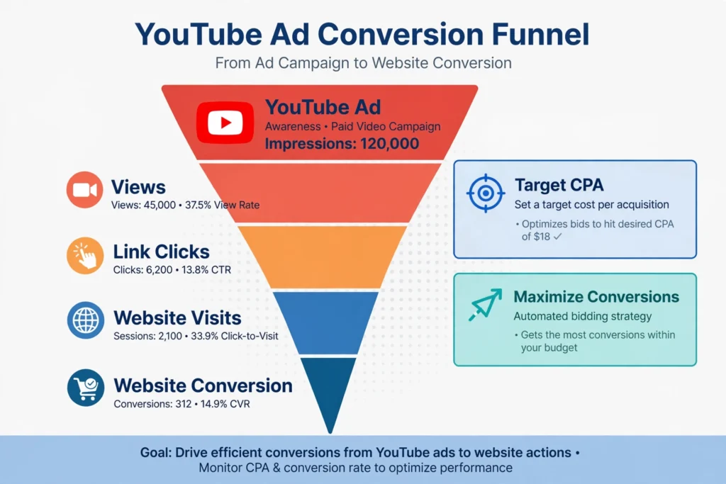 Funnel diagram showing TrueView for Action ads driving conversions through Target CPA bidding