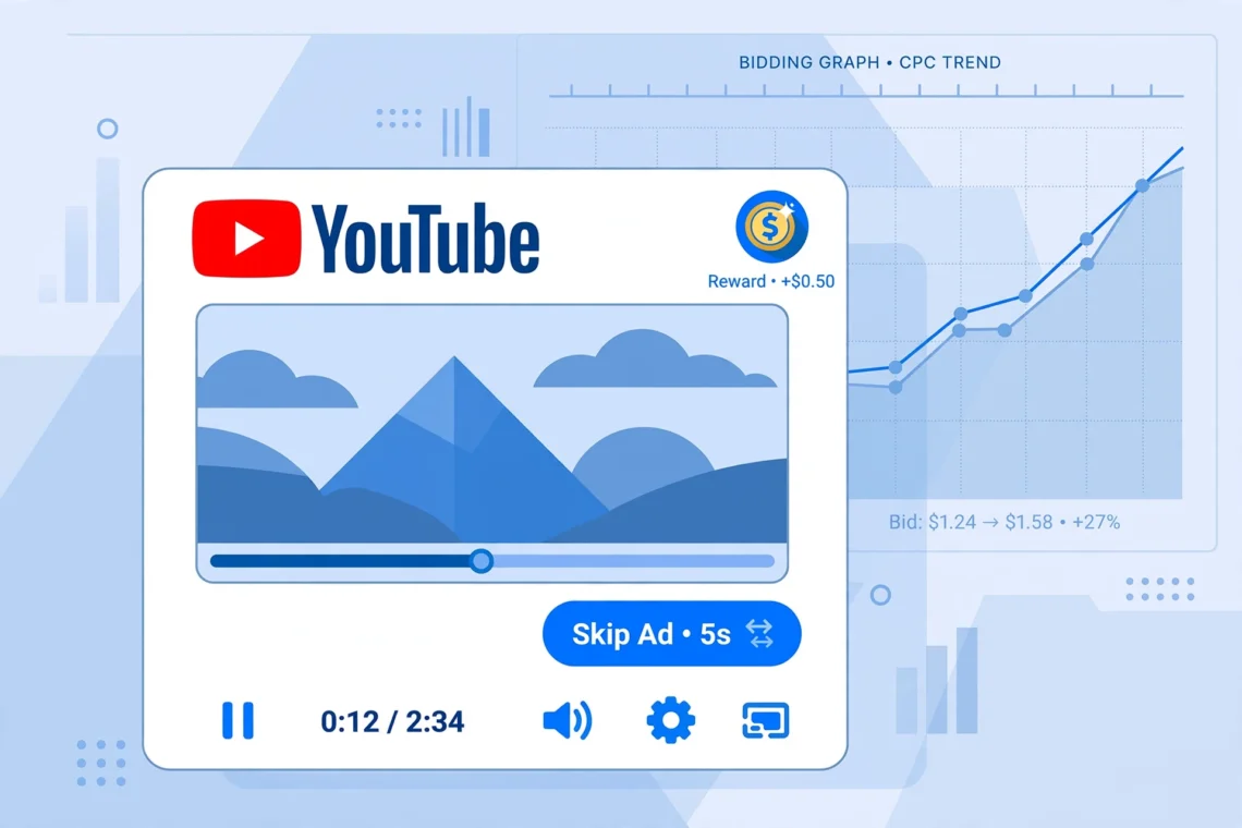 Illustration showing a YouTube video ad player with a skip button and cost-per-view bidding graph
