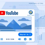 Illustration showing a YouTube video ad player with a skip button and cost-per-view bidding graph