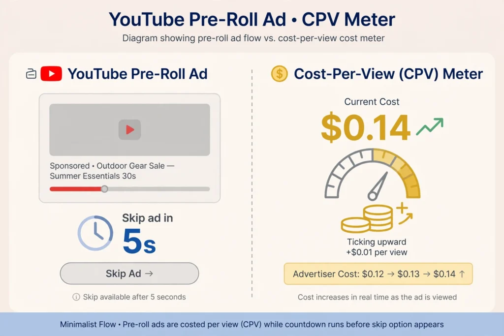 Diagram of TrueView In-Stream ad billing based on cost-per-view when a viewer watches 30 seconds
